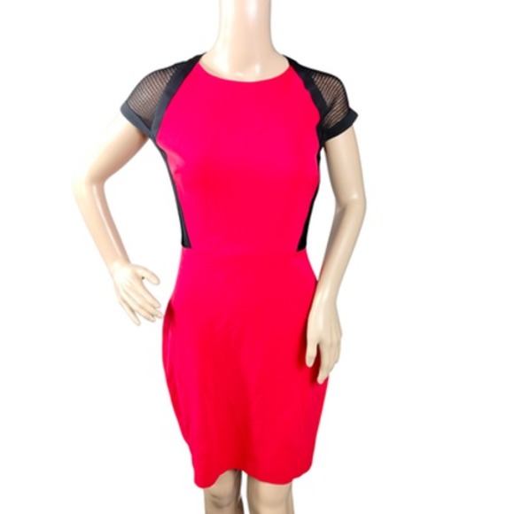 Cache Dress Womens 0 Red Black Mesh Cap Sleeve Bodycon Sheath Exposed Zip Party - Picture 1 of 13